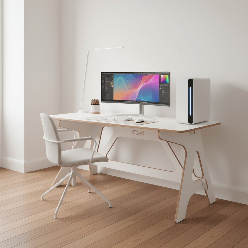 Wooden desk setup with a monitor and chair